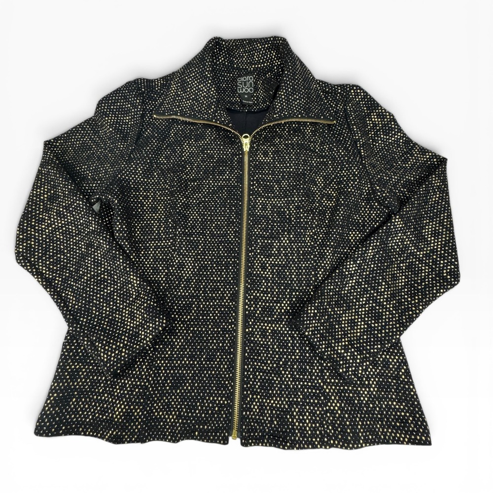 Clara Sunwoo Zip Jacket Womens Medium Black Gold Metallic Dot Textured Knit